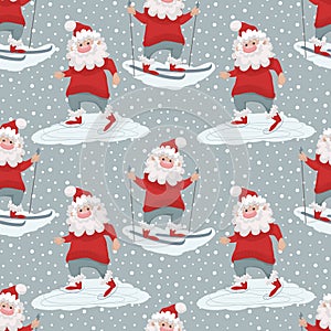 Pattern with santa ice skating and skiing vector